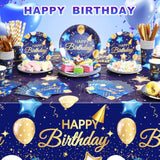 176Pc Navy Blue Gold Birthday Tableware Set Plates Napkins Cups Utensils for 25 Guests