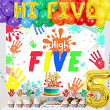 Hi Five Birthday Party Decorations, 5Th Birthday Party Decorations For Boys Girls, Rainbow Balloons High Five Backdrop Number 5 Foil Cake Cupcake Toppers Five Year Old Hand Print Birthday