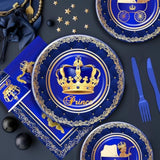 Royal Prince Baby Shower Decorations Party Tableware Boys - Blue Gold Little Prince Baby Boy Decorations Supplies, Plate, Napkin, Cup, Cutlery, Prince Baby Boy Table Decorations | Serve 24