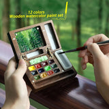 Travel Mini Watercolor Paint Set For Adult Artists, Pocket Portable Wooden Watercolors Painting Kit Contains Drawing Pen Paper Sponge Wash Bucket