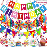 Pre-Strung Colorful Birthday Decorations Set,With Banner,Triangle Flags,Honeycomb Balls,Stars Hanging Swirl Streamers,Circle Dots Garland Birthday Party Decorations For Women Men Boys Girls