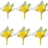 6Pieces/Lot Groom Boutonniere Man Women Bride Wrist Corsage Artificial Wedding Flowers Party Decoration (Yellow, Boutonniere)