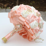 Handmade Wedding Flowers Bouquet Round Holding Bridal Bouquet Toss Artificial Rose Bunch For Bride Bridesmaid Wedding Quinceanera (Light Salmon & Ivory, 8.7")
