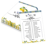 Blue Tiles And Lemons Would She Rather Game For 30 Guests With Game Cards, Lemons Bridal Shower Game, Modern Bridal Shower Decorations, Wedding Shower Or Bachelorette Party Supplies - 02