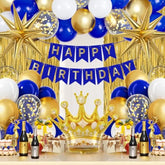 Royal Blue Gold Men'S Birthday Banner, Fringe Curtains, Metallic Balloons For 16Th To 60Th Birthdays