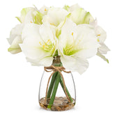 White Amaryllis Artificial Flower Arrangement 11.8" Faux Silk Amaryllis In Glass Vase With Faux Water Pebbles Fake Floral Centerpiece For Home Office Room Table Shelf Rustic Décor