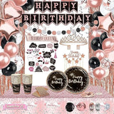 Birthday Decorations For Women, 229 Pcs Rose Gold And Black Happy Birthday Supplies - Disposable Dinnerware Set With 25 Guest, Balloons, Sash, Tiara, Banner, Fringe Curtain, Photo Booth Props