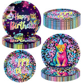 Neon Leopard Party Plates Rainbow Cheetah Print Birthday Party Supplies 48Pcs Rainbow Cheetah Party Disposable Paper Tableware For Leopard Print Birthday Dinnerware Supplies