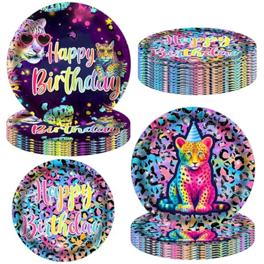 Neon Leopard Party Plates Rainbow Cheetah Print Birthday Party Supplies 48Pcs Rainbow Cheetah Party Disposable Paper Tableware For Leopard Print Birthday Dinnerware Supplies