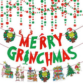 Merry Christmas Banner And Hanging Swirls Green Monster Themed Christmas Party Decorations