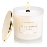 | Woody Jasmine | Smells Floral & Smokey | Scent Notes: Jasmine, Sandalwood & Oud | Luxury Scented Soy Jar Candle | Hand Poured In The Usa | Highly Scented (9 Oz. Wood Wick With Gold Lid)