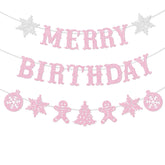 Pre-Strung Merry Birthday Banner Decorations Glitter Pink Christmas Xmas Tree Decoration Happy Birthday Baby Shower Vacation Holiday Party No Diy