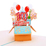 100Th Birthday 3D Pop-Up Card – Blue Party Box Celebration With Balloons, Cake, Champagne & Gifts – Milestone Keepsake For Grandparents, Parents, Friends, Or Loved Ones – 6" X 6"