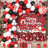 Plaid Christmas Balloons Garland Arch Kit With Merry Christmas Backdrop, Snowflake Tablecloth, Red White Balck Balloons, Xmas Decor Cane Foil Balloon For Christma Baby Shower Birthday Party