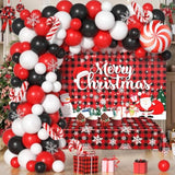 Plaid Christmas Balloons Garland Arch Kit With Merry Christmas Backdrop, Snowflake Tablecloth, Red White Balck Balloons, Xmas Decor Cane Foil Balloon For Christma Baby Shower Birthday Party