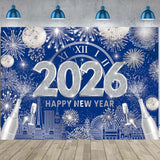 Blue Happy New Year 2026 Backdrop 7x5ft Silver Glitter Fireworks Banner