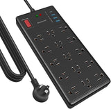 Black Surge Protector Power Strip with 10FT Cord 15 Widely Spaced Outlets and USB Ports