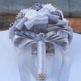 Handmade Rhinestone Brooch Satin Bridal Bouquet 9Inch Crystal Round Tossing Wedding Bouquet Artificial Flower Bunch With Diamond Pearl Ribbon Pearl Ribbon