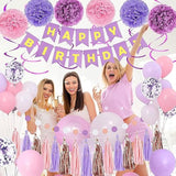 Purple Pink Party Decorations For Women Girls With Happy Birthday Banner, Hanging Swirls, Tissue Paper Pompoms, Circle Dots Garland, Tassel Garland, Purple Balloons