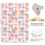 Koala Wrapping Paper For Happy Birthday Party, Lovely Koala With Heart Balloons Star Printed On Pink White Checkered Background Gift Wrap Paper - 4 Sheets Folded Flat - For Birthday, Holiday, Wedding