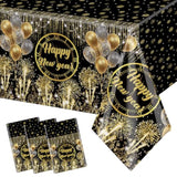New Year Tablecloths, Happy New Year Plastic Tablecloth Set, Black And Gold Disposable New Year'S Table Cover Rectangle For 2026 New Years Eve Party Supplies Decorations, 108X54 Inch