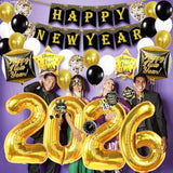 76Pc New Year 2026 Party Set Black Gold Balloons Banner Photo Props