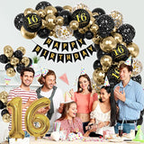 16Th Black Gold Party Decoration Balloon Sets 40 Inch Gold Giant Number Balloons With Birthday Banner Black Gold Balloon Arch Garland For Women Men Girls Boys Birthday Decor(16Th)