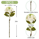 5Pcs Realistic White With Green Hydrangea Artificial Flowers With Stems 24 Inch Lifelike Faux Hydrangeas Flower Large Hydrangea For Weddings Bouquets Table Centerpieces Home Decor Party