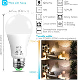 A19 Alexa Smart Light Bulb 4 Pack 130W Equivalent Tunable White Bluetooth LED No WiFi Required E26