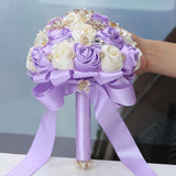 Lilac Ivory Wedding Bridal Bouquet With Rhinestone Brooch Bouquet For Bride Bridesmaid Quinceanera Satin Rose Flower Bouquet Wedding Light Purple Lilac And Ivory 7.5In