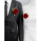 Wedding Flower Boutonniere Groom Rose Buttonholes Prom Suit Decoration For Men(Red Wine)
