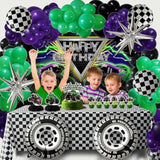 Monster Truck Birthday Party Decorations Racing Balloon Arch Kit Large Wheel Checkered Balloon Honeycomb Centerpieces Backdrop Tablecloth Cake Topper