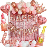Vidal Crafts 71-Piece Rose Gold Birthday Decorations For Women - Party Backdrop With Latex, Foil & Confetti Balloons, Happy Birthday Decorations Banner & Rose Gold Foil Fringe Curtains