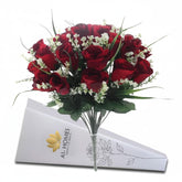 16" Artificial Silk Red Rose Bush With Gyp & Foliage 24 Flower Heads- Wedding Grave Home Decoration (1, Red With Gyp)