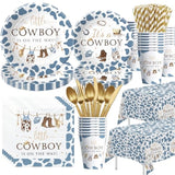 Western Cowboy Baby Shower Decorations Tableware - Wild West Rodeo Little Cowboy Baby Boy Table Decorations Party Supplies, Paper Plate, Cup, Napkin, Tablecloth, Cutlery | Serves 24