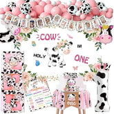 Holy Cow I'M One Birthday Decorations - Cow Theme First Birthday Supplies For Girls, Backdrop, High Chair Banner, One Balloon Box