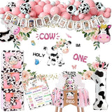 Holy Cow I'M One Birthday Decorations - Cow Theme First Birthday Supplies For Girls, Backdrop, High Chair Banner, One Balloon Box