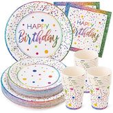 Rainbow Birthday Party Set – 24 Plates, Napkins & Cups | Sturdy 400 GSM Tableware