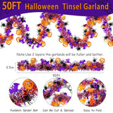 50Ft Halloween Tinsel Garland - Orange Pumpkin, Black Spider & Purple Bat Metallic Party Decor