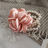 Pink Rose Flower Bridesmaid Wrist Corsage For Dance Party Wedding Ball Prom, Rhinestone Bridal Hand Ribbon Flower Suit Pearl Bracelet Decor Accessories (1 Pack)