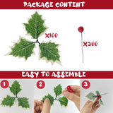 300Pcs Artificial Holly Berries With 100Pcs Green Leaves Rtificial Holly Leaves And Berries For Christmas Wreath Arrangement Cake Toppers Craft Wedding Party Home (Red)
