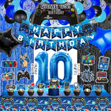 71Pcs Video Game 10Th Birthday Party Decorations, Blue Black Level 10 Birthday Decorations Banner Hanging Swirls Balloons Garland Arch Foil Curtains Tablecloth For Boys 10Th Birthday Decorations