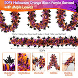 50Ft Halloween Tinsel Garland - Orange & Purple Metallic with Black Maple Leaves for Party Decor