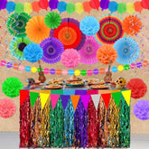 35 Pcs Fiesta Party Decorations Set - Mexican Party Supplies With Colorful Paper Fans, Pom Poms, Banners, Hanging Swirls & Tablecloths For Cinco De Mayo, Birthday, Theme Celebration