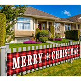 Large Merry Christmas Banner, Red Buffalo Plaid Yard Christmas Banner, Xmas Decorations For Outdoor Indoor, Xmas Party Decoration Supplies (9.8 X 1.6 Feet)