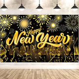Extra Large Black Gold Happy New Year 2026 Banner Photo Backdrop Decor