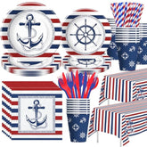 Nautical Party Decorations Tableware - Nautical Anchor Birthday Party Supplies, Plate, Cup, Napkin, Tablecloth, Cutlery, Naby Blue And Red Sailor Boat Theme Baby Shower Decorations | Serve 24