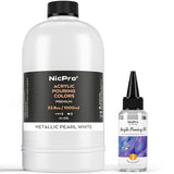White Metallic Pearl Color Acrylic Pour Paint, 33.8 Ounce Pre-Mixed Pouring Paint Supplies With Silicone Pour Oil, Gloves For Canvas, Rock, Wood Cell Creation Flow Diy Art Painting, Ready To Pour