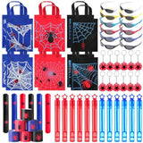 60 Pcs Spider Party Favors Include Spider Sunglasses, Web Gift Tote Bags, Slap Wristbands, Silicone Keychains And Blue Red Star Bubble Wands For Birthday Comic Hero Party Decoration