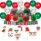 Christmas Party Decorations Kit - Set Includes Merry Christmas Banner Paper Fans Honeycomb Balls Xmas Photo Booth Props Confetti Balloons Red Green Latex Balloons String For Indoors Office Home Decors